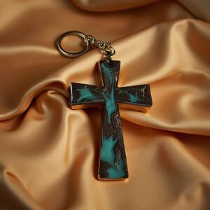 Cross Keychain with Blue and Brown Swirl